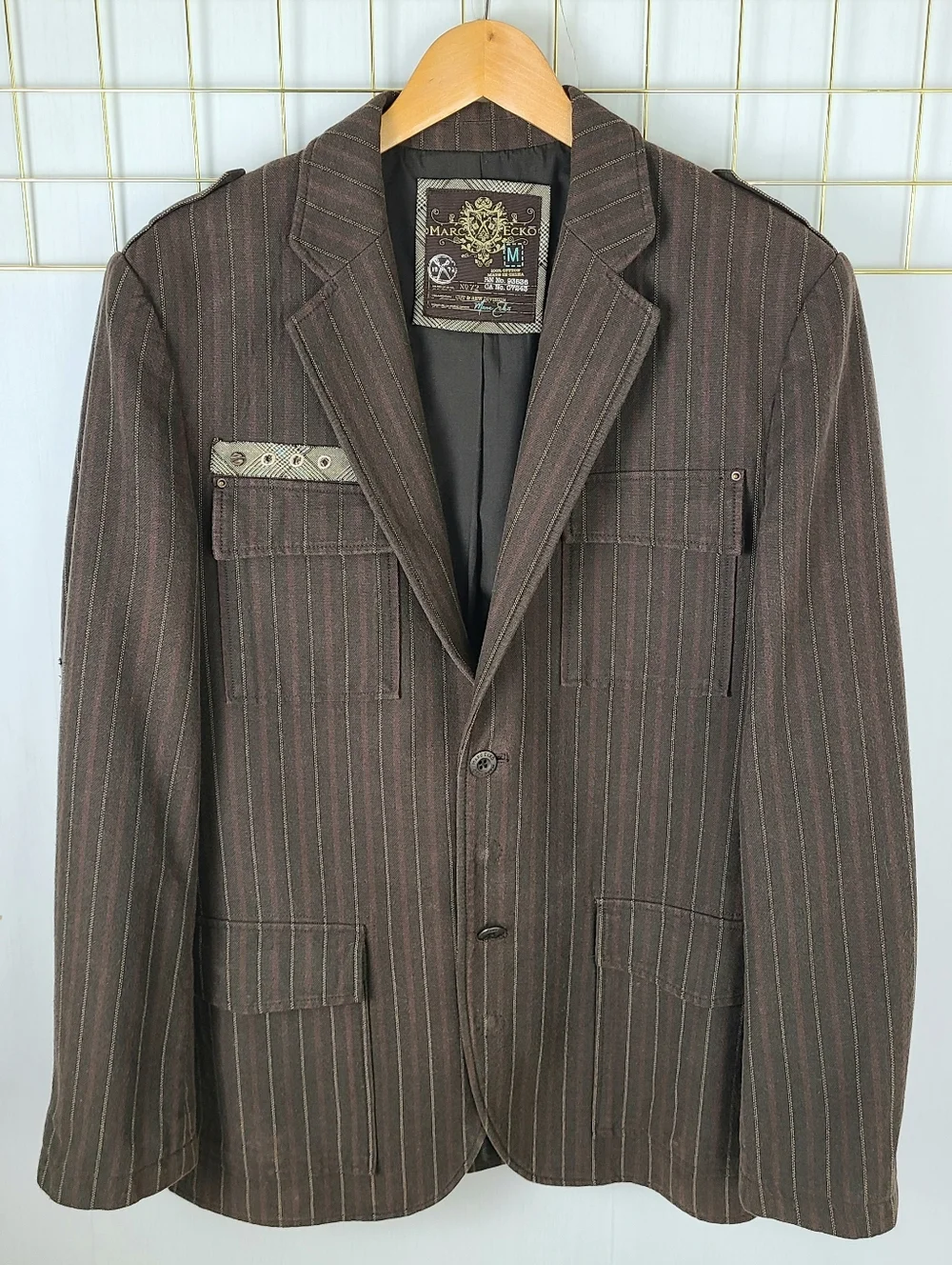 Marc Ecko Cut & Sew Y2K Brown Striped Military Graphic Blazer Sport Coat